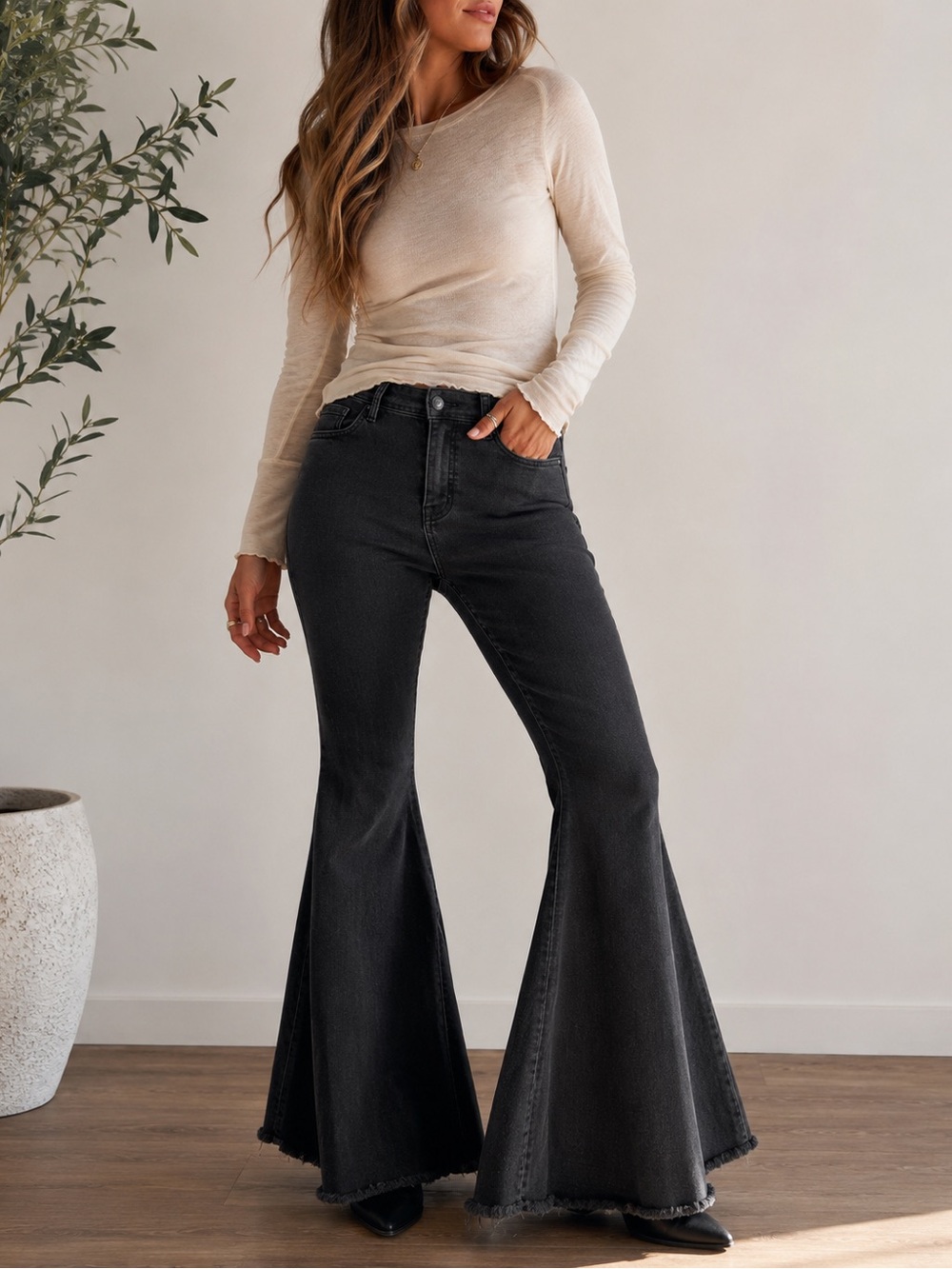 Free People CRVY Lace-Up Corset Back Super High Rise Flare Jeans 34